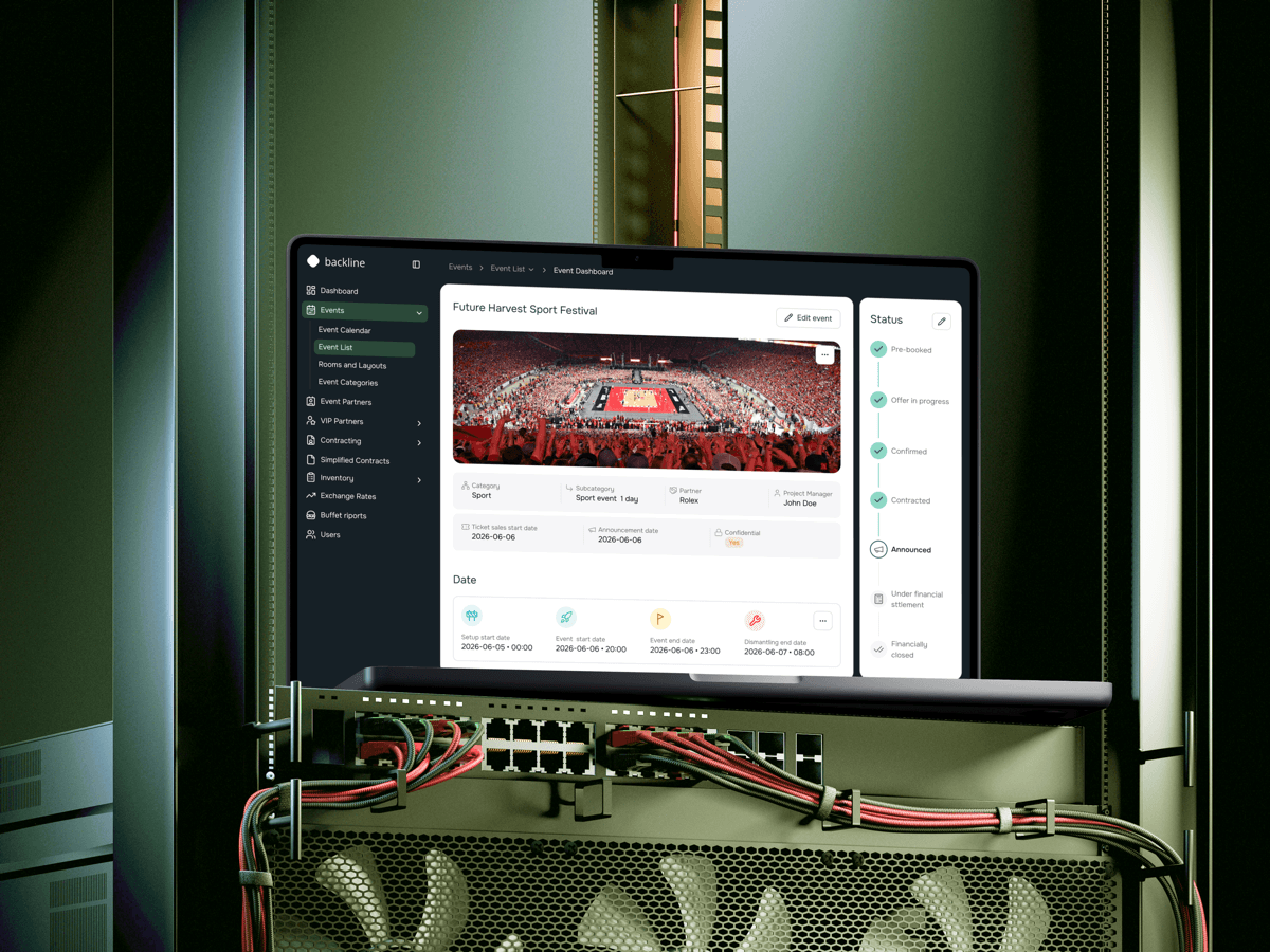 Stadium operations dashboard shown on a laptop