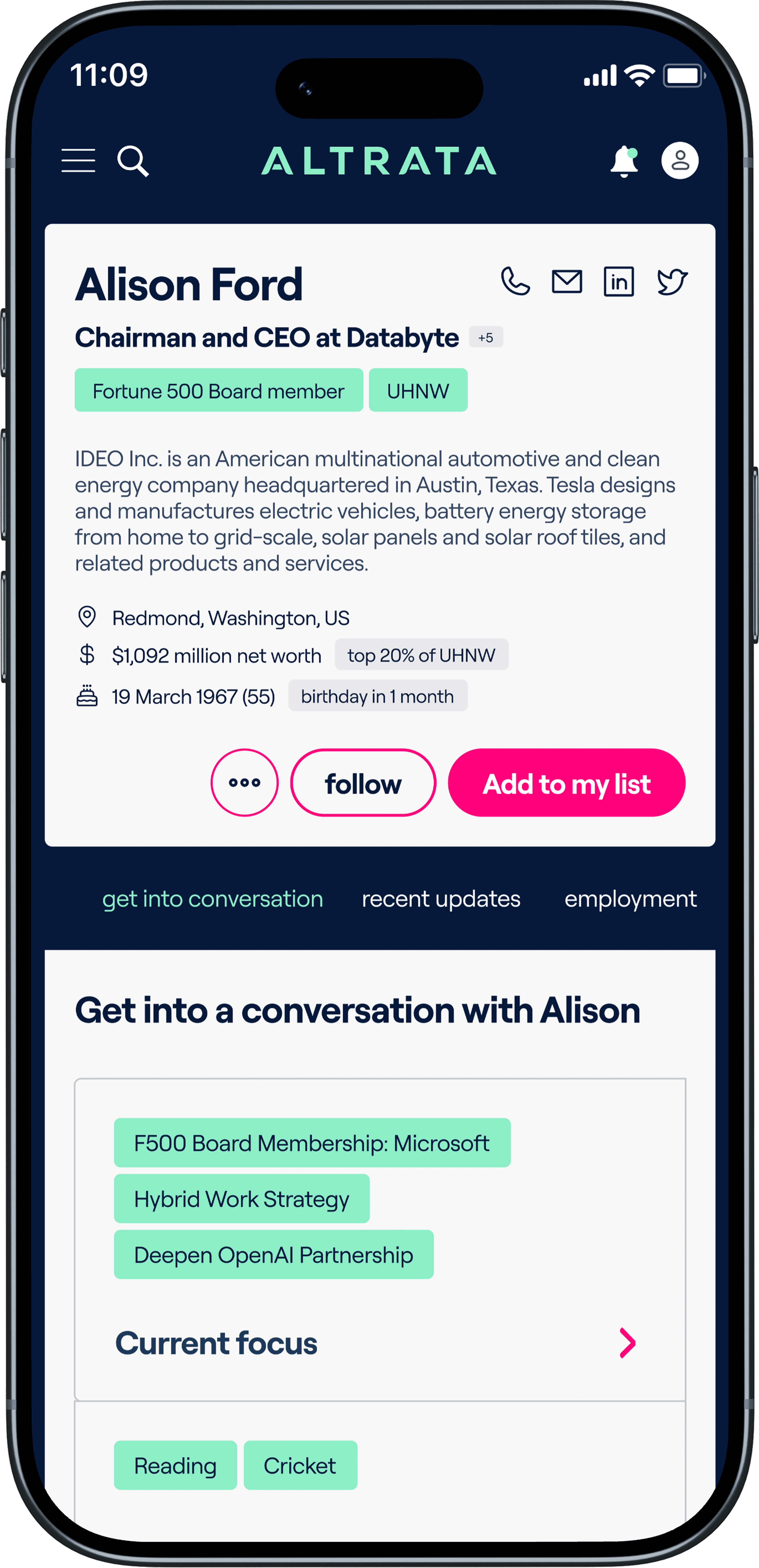 Alison Ford individual profile page on mobile