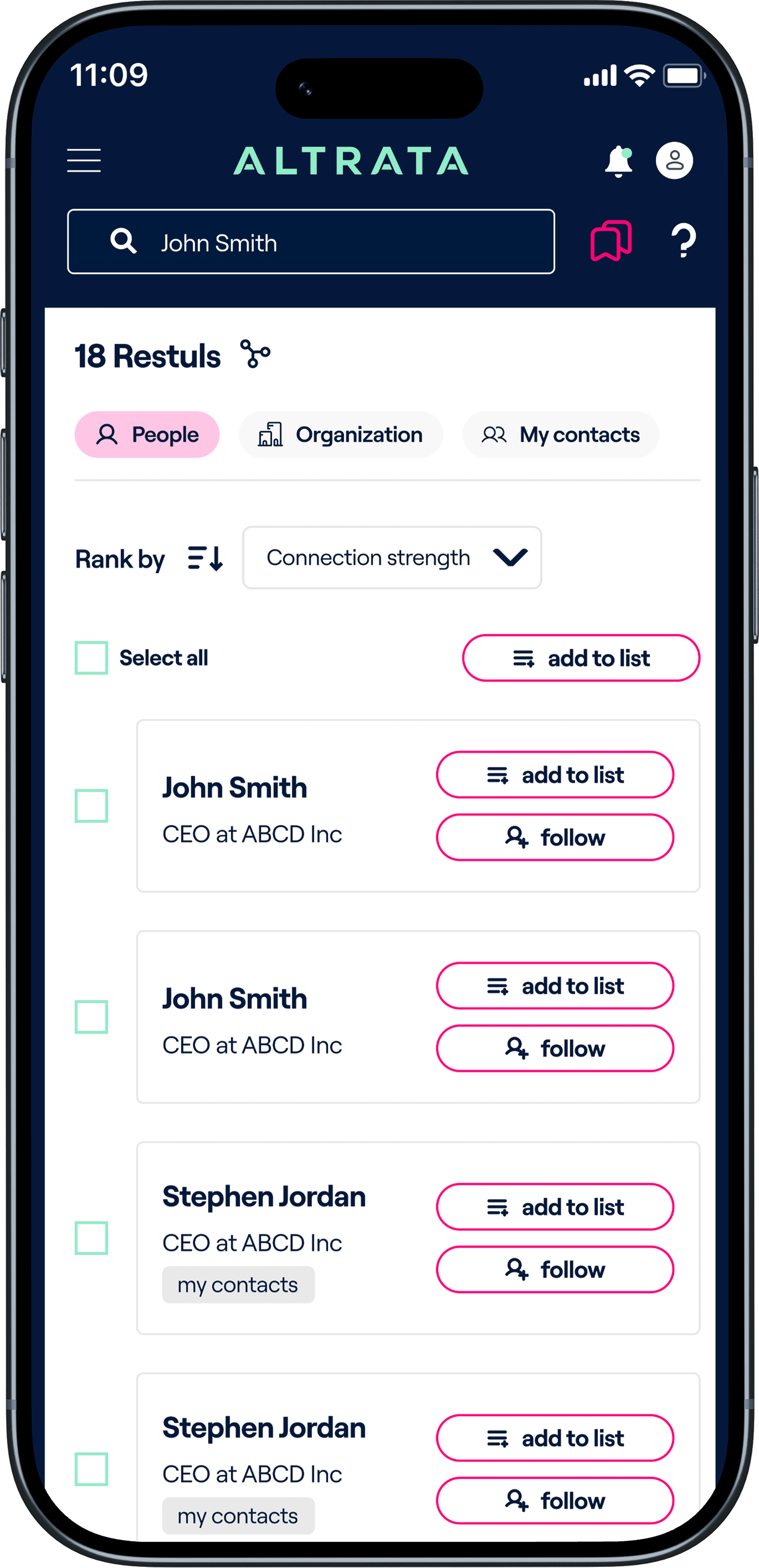 Search results screen on mobile