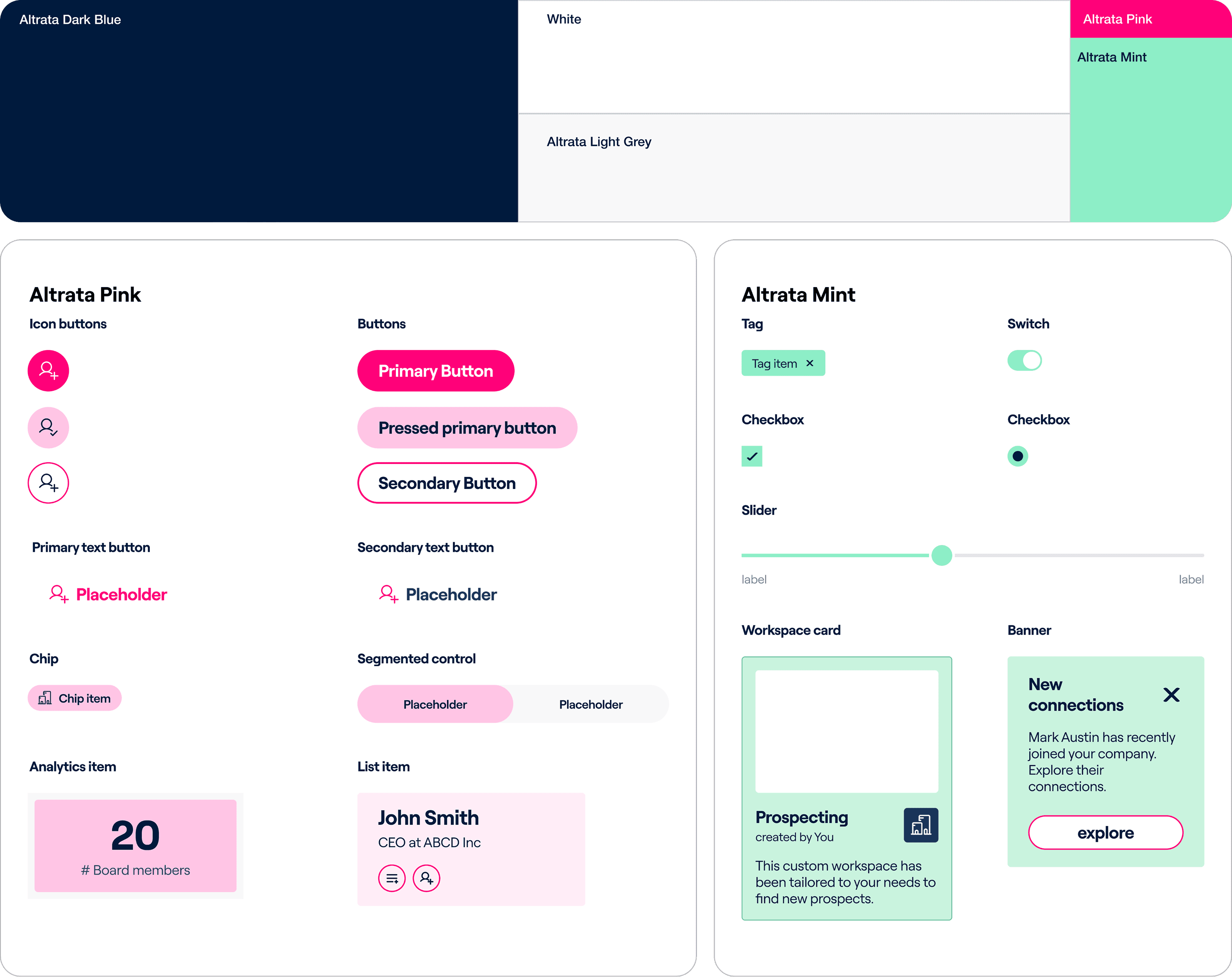 Altrata color palette and component examples in pink and mint