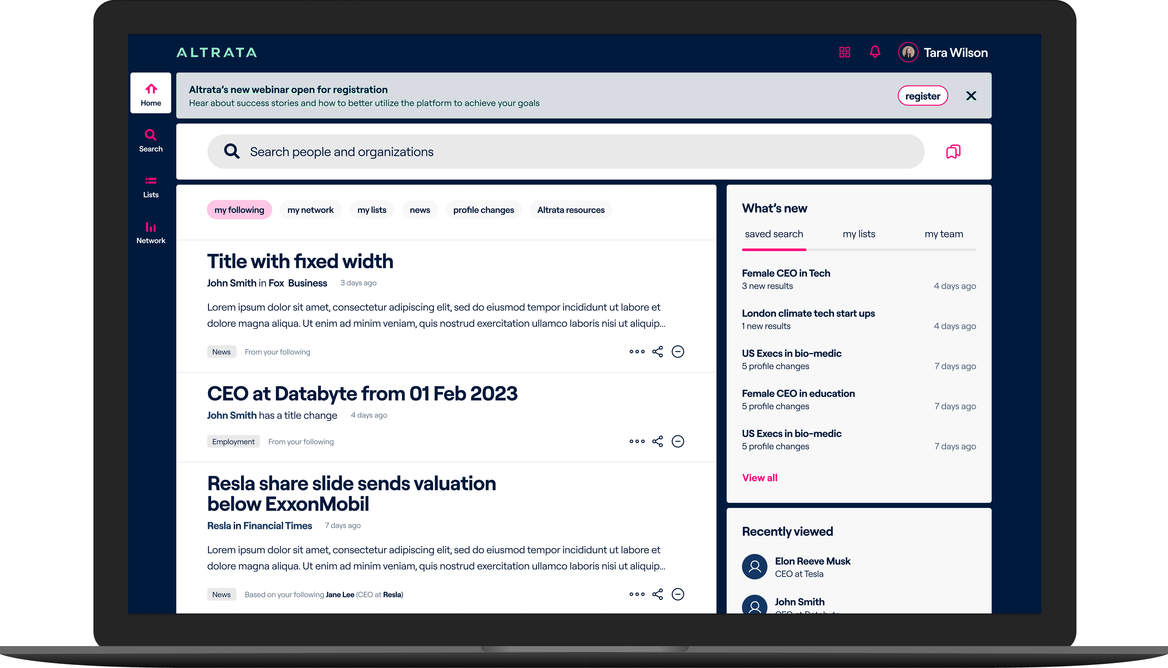 Altrata home dashboard with news feed and what's new panel