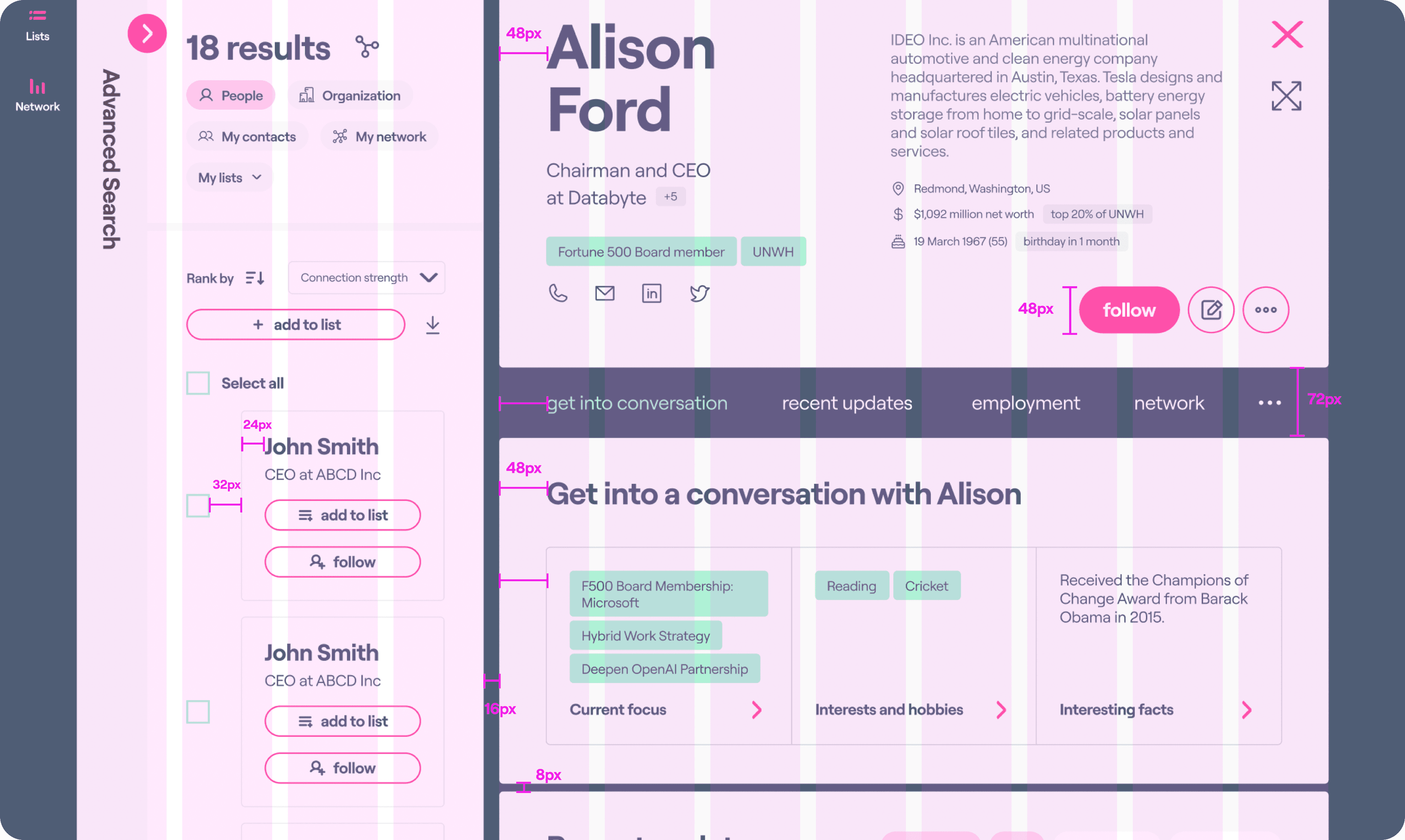 Grid and spacing annotations over the profile and search screens