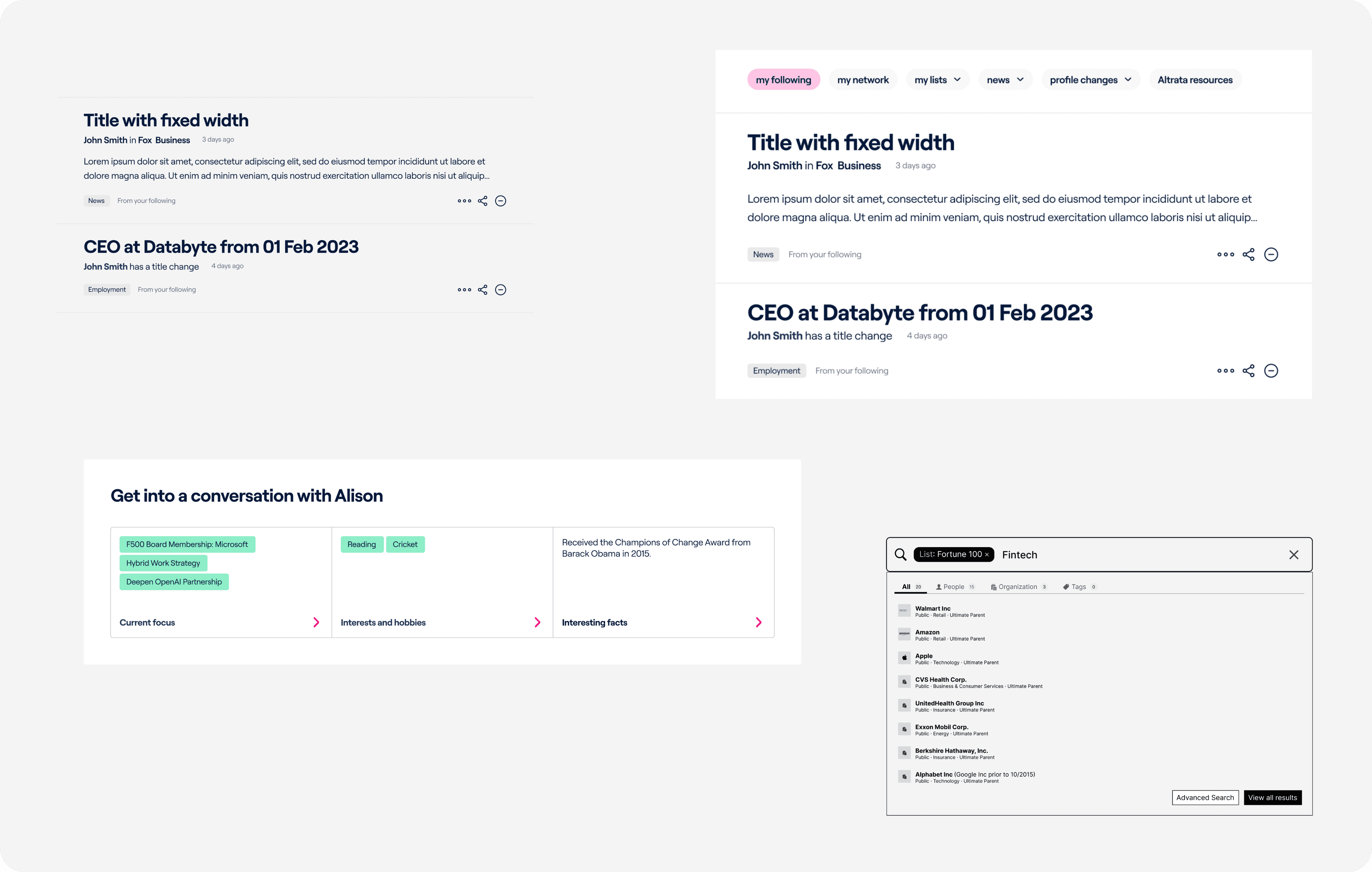 Examples of tags and filter chips across cards and search results