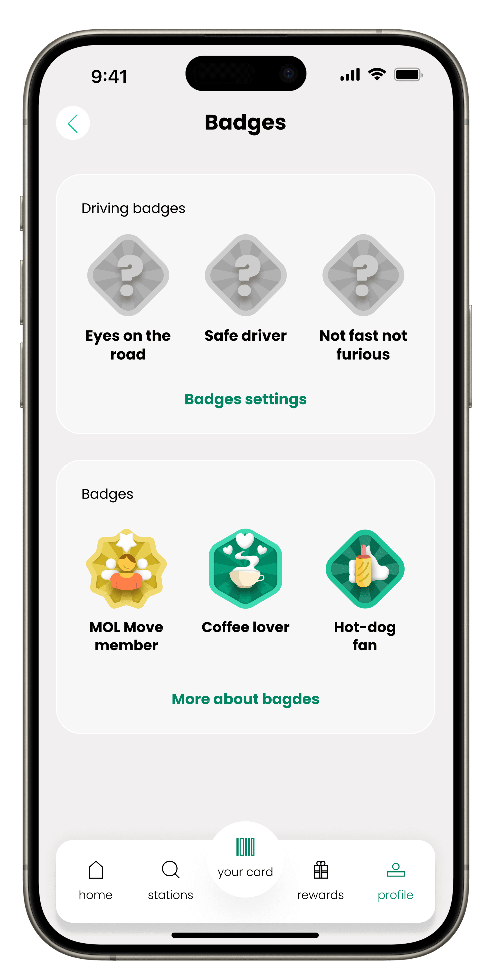 Badges screen showing existing driving and loyalty badges