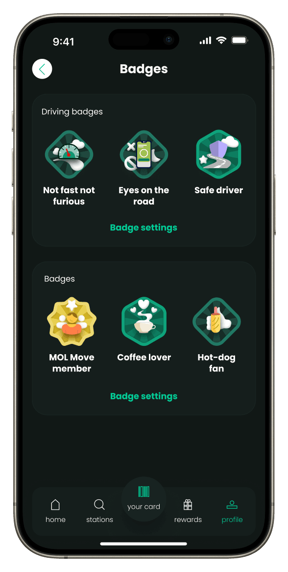 Badges screen showing the new driving badges, dark mode