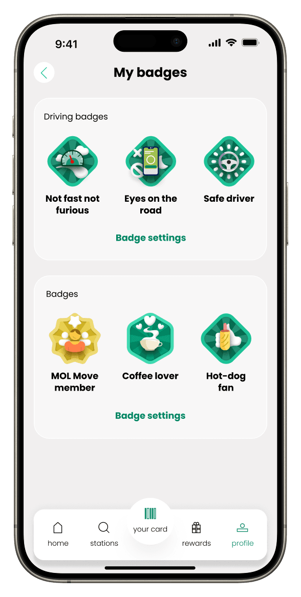 My badges screen showing the new driving badges, light mode
