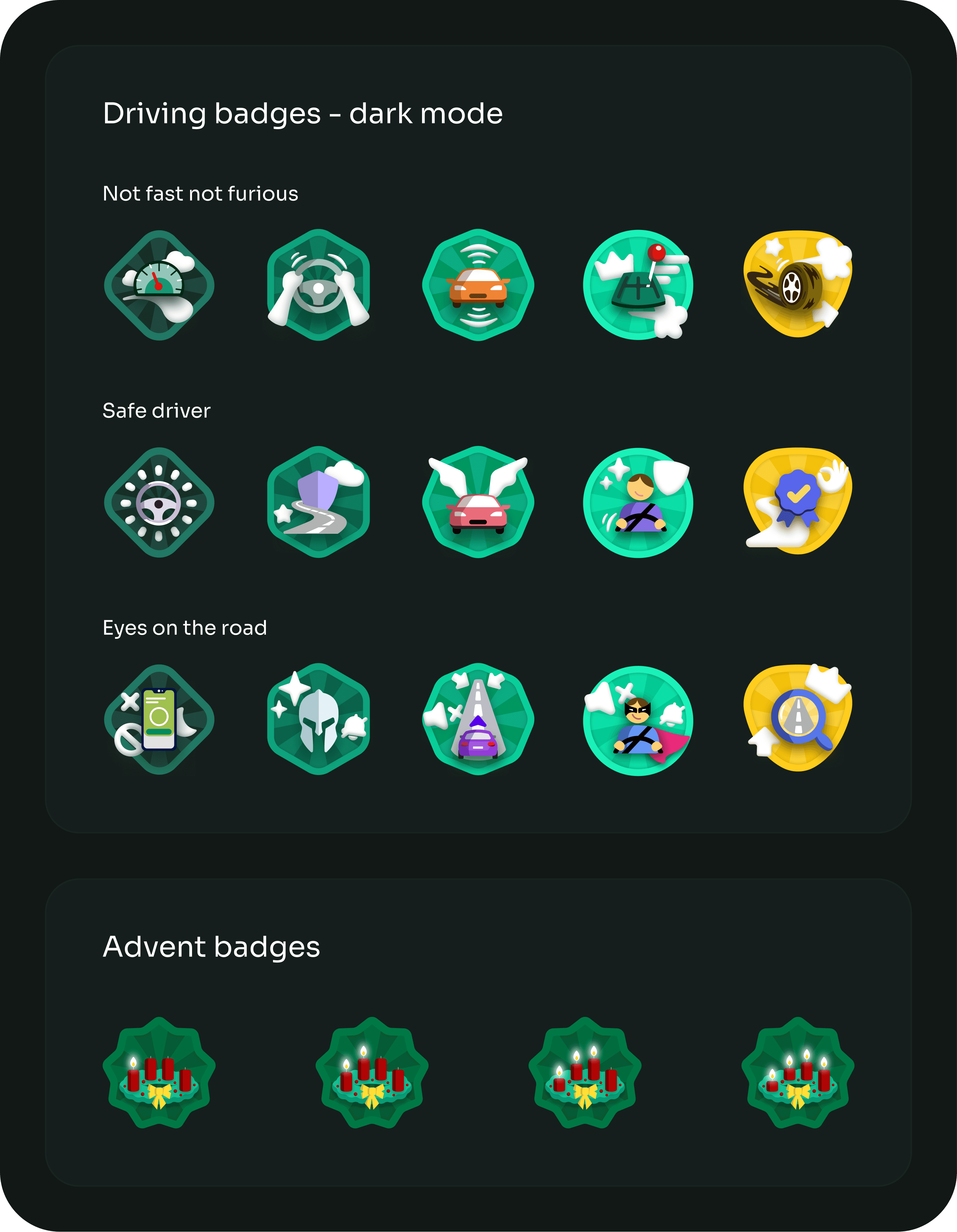 Driving and advent badges sheet, dark mode