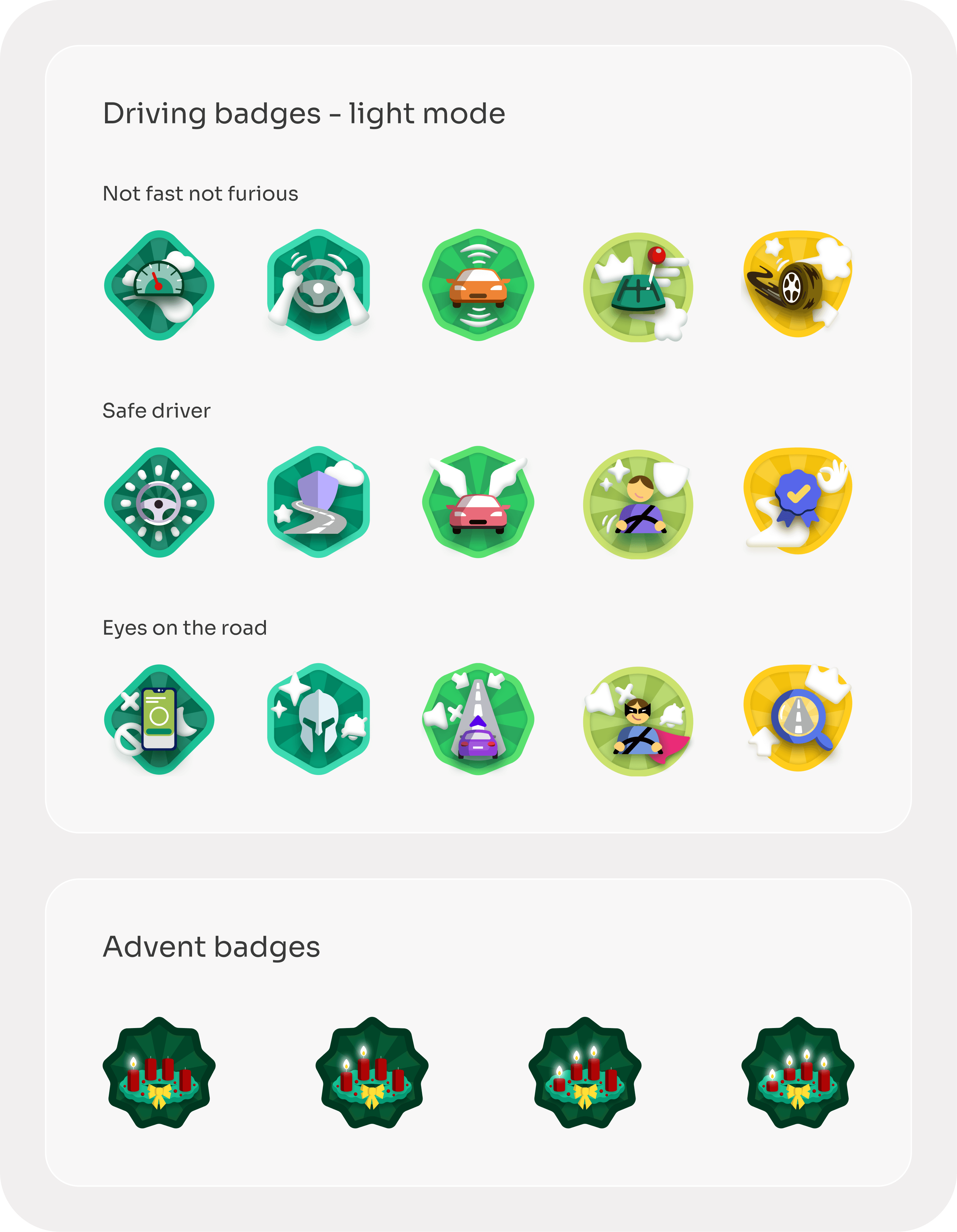 Driving and advent badges sheet, light mode