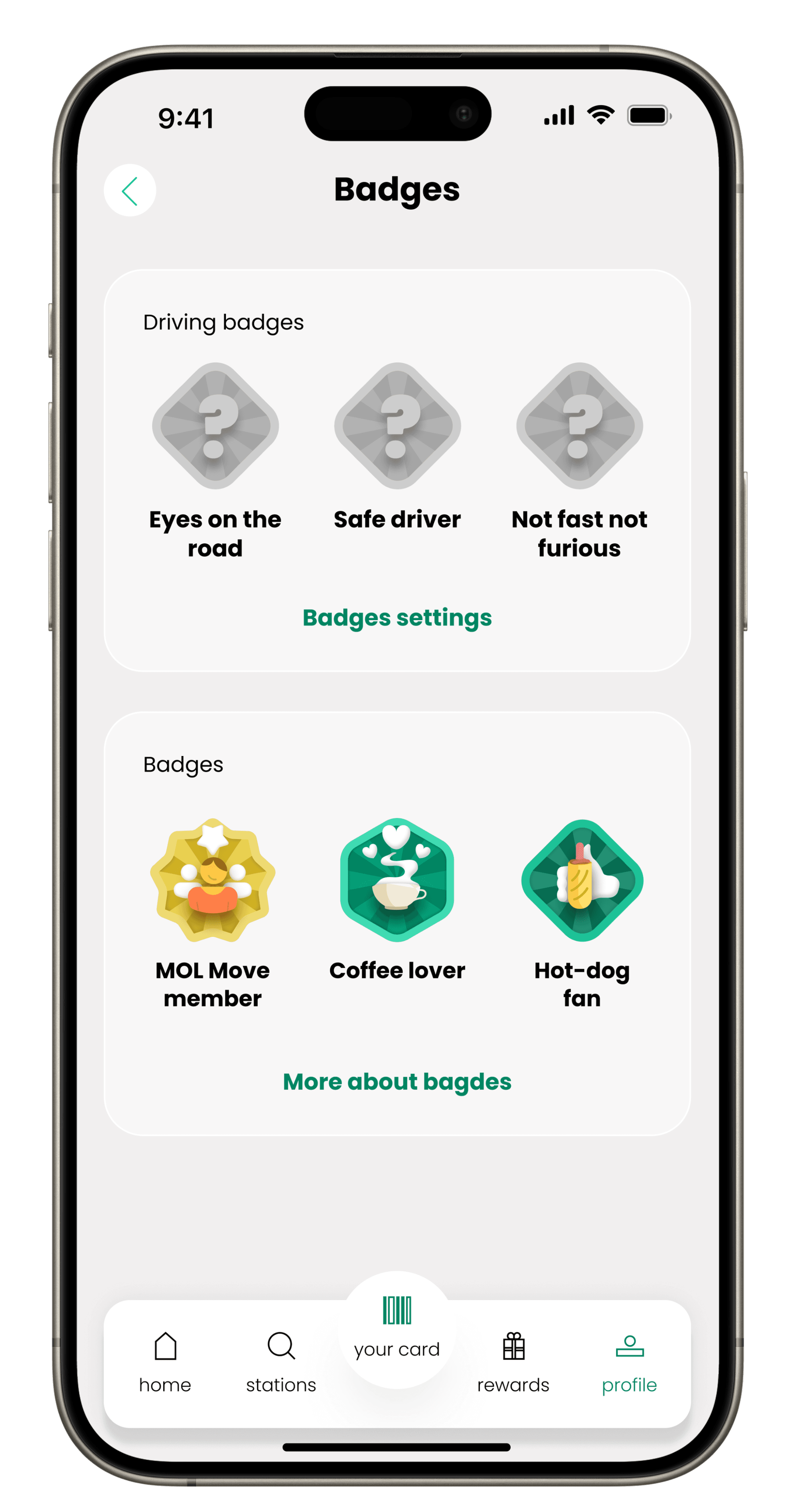 Driving badges collection screen