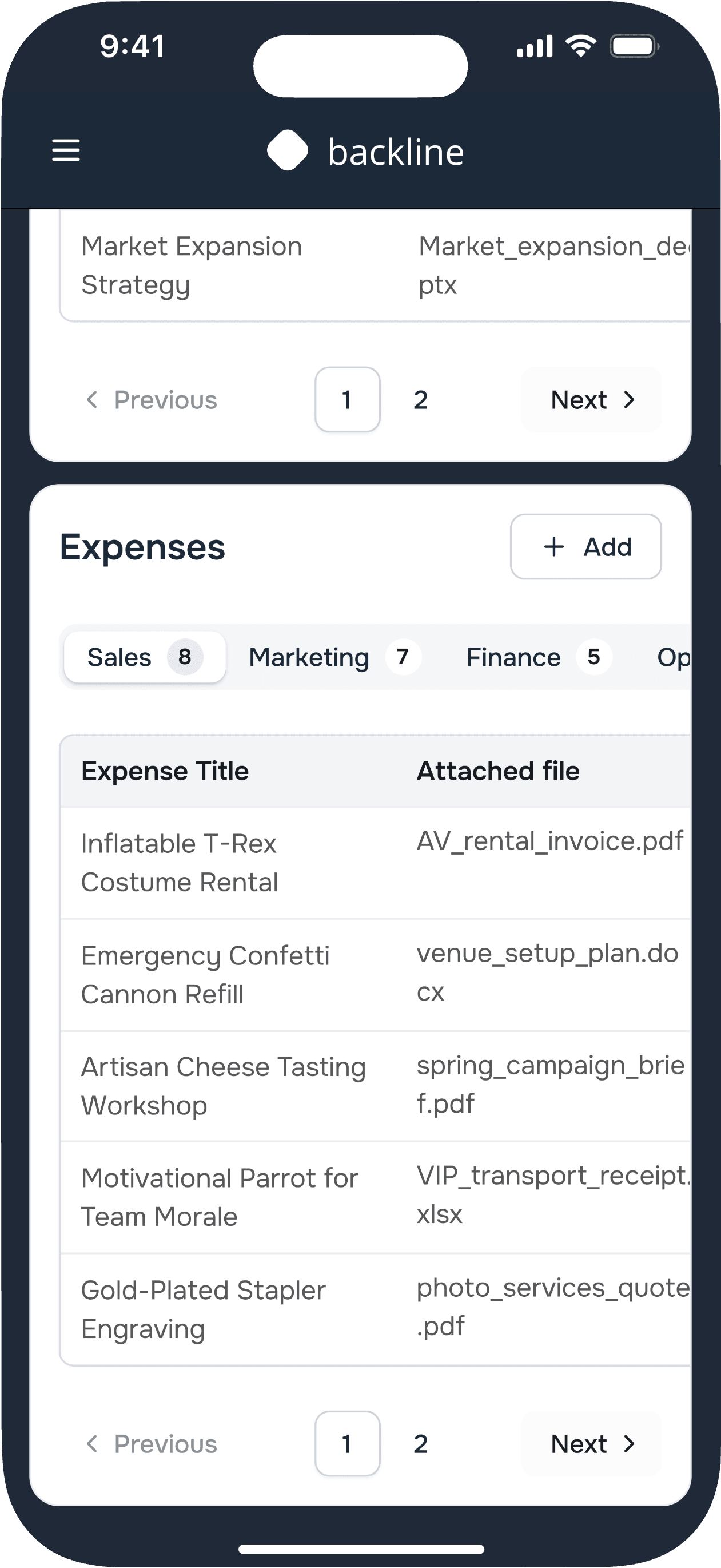 Mobile view of the expenses table