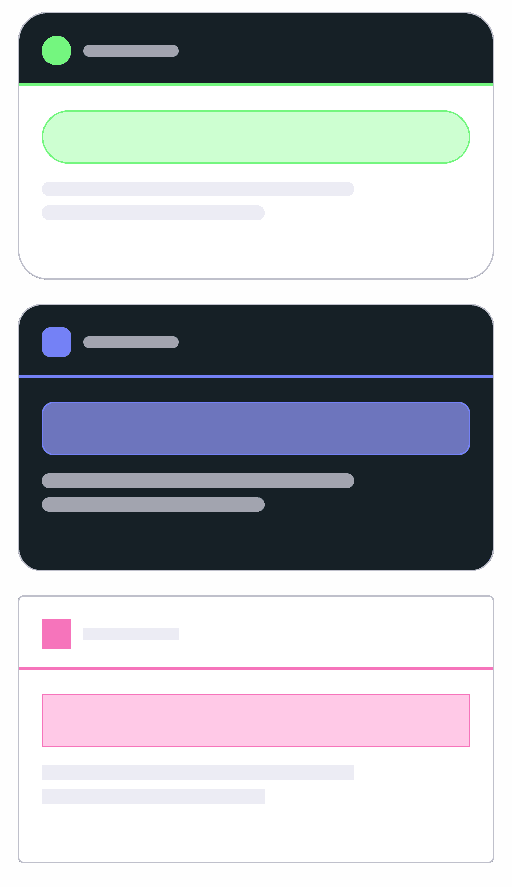 Three whitelabel color variants of the same component